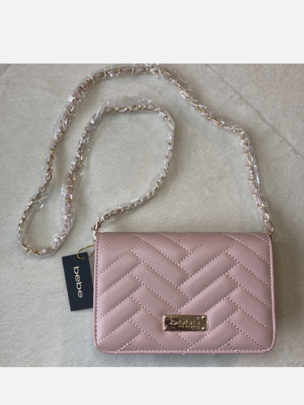 bebe Pink Quilted Crossbody with Gold Chain Strap